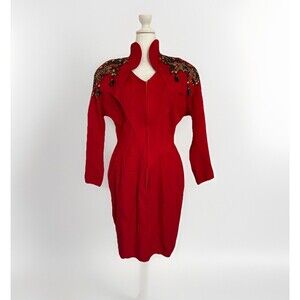 VTG 80s IIF Glam Red Western Shirt Dress Sequined Beaded Size 8 USA Rockabilly